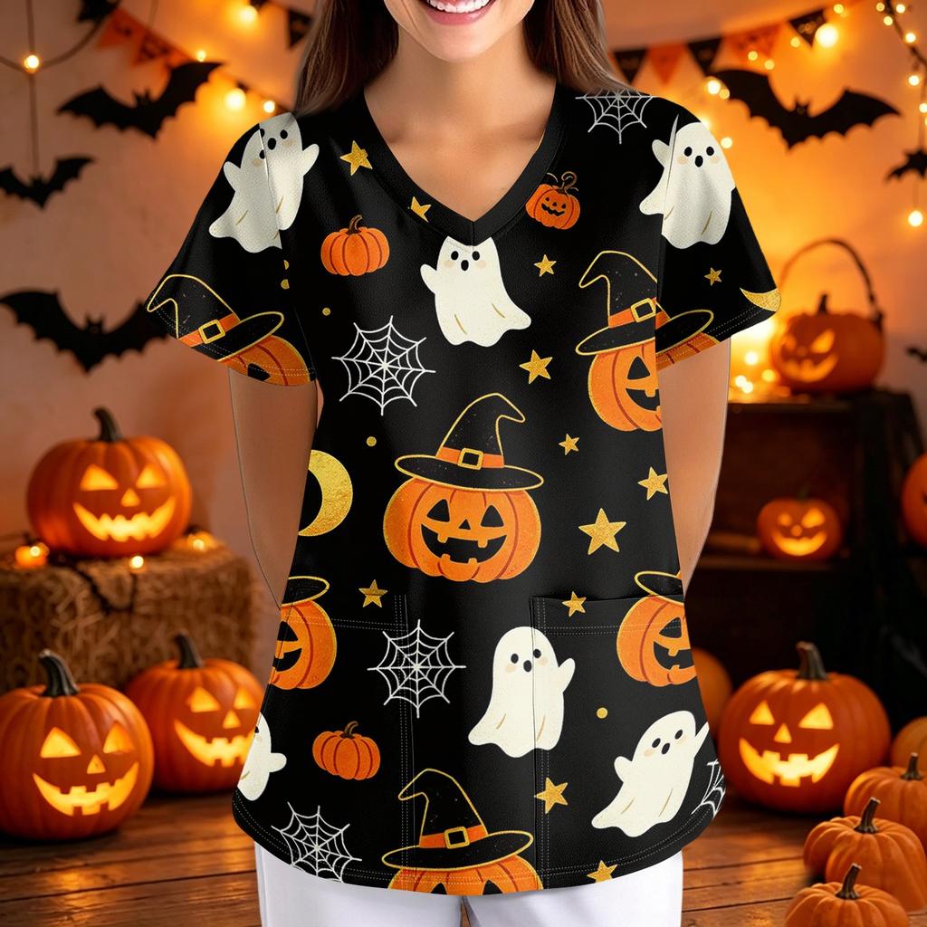 Women's Halloween Print Loose Fit V Neck Short Sleeve Medical Scrub Top with Pockets Comfortable Workwear for Healthcare Professionals