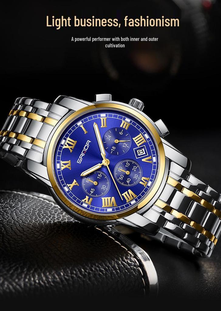 Sanda Men's Waterproof Luminous Quartz Watch - Fashionable Three-Eye Six-Hand Design with Steel Band.