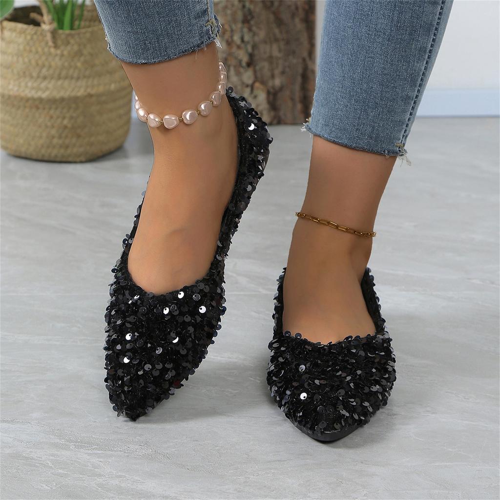 Women's Fashion Large Size Sequin Pointed Toe Casual Flats Slip On Comfortable Lightweight Flexible Sole Stylish Design