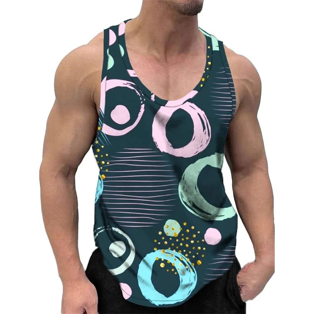 Men's Retro Geometric Printed Round Neck Vest 3D Printed Irregular Color Vest Summer Oversized Casual Loose Comfortable Soft Breathable Vest