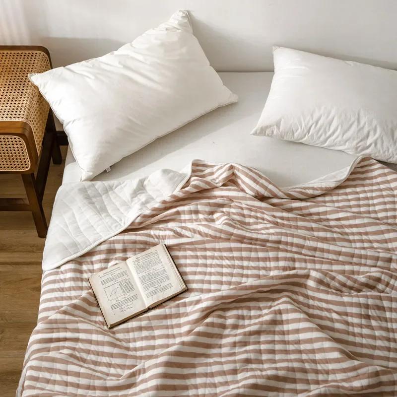 Stripes 100% Cotton Summer Blanket for Bed Soft Skin Friendly Queen Quilt for Summer Air Conditioner Thin Comforter Breathable