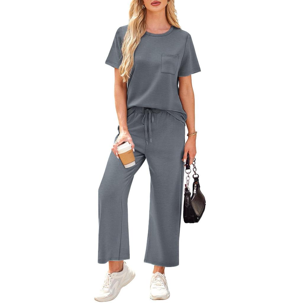 Women's Casual Fashion Short Sleeve Loose Wide Leg Pants Round Neck Suit