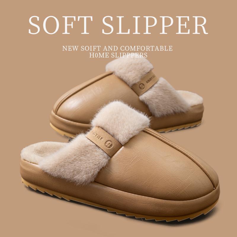 Waterproof cotton slippers autumn and winter 2025 new home warm thick bottom PU leather surface antibacterial cotton slippers