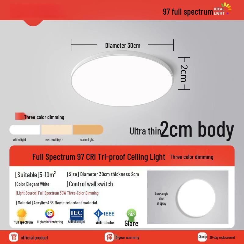 Ultra-Thin Round LED Ceiling Light for Bedroom, Bathroom & Balcony - Modern Minimalist Design with Eye Protection
