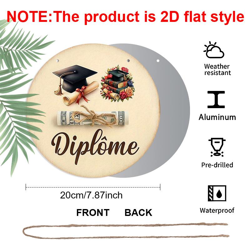 2D Flat, 1pc Vintage French Diploma Medal-Like Aluminum Plaque - 7.87Inch Round Graduation & Diploma Scroll with "Diplome" Inscription - Academic