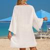 Cover Up Dress V-neck Long Sleeve Hollow Splicing Design Beach Cover Up Dress Pure Color Poolside Beachwear