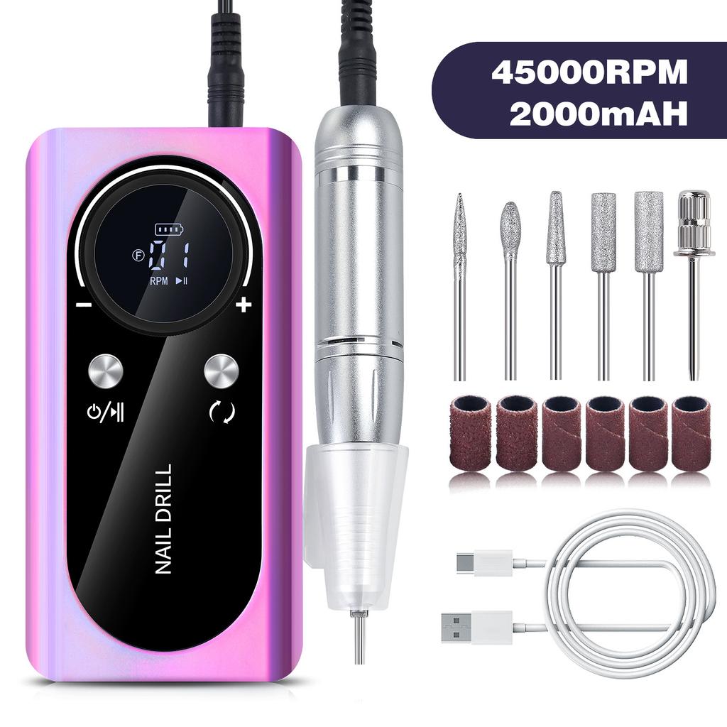Professional Nail Drill Electric Nail File Manicure Pedicure Kit 45000RPM Portable with 6 Drill Bits for Salon and Home Use