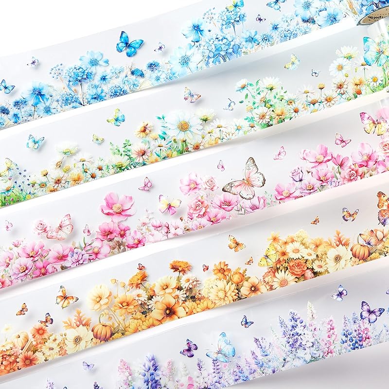 5 Floral Washi Tape Pet Tape Set Flowers Butterfly Scrapbook Junk Journal Supplies,Transparent Decorative Tape Sticker DIY For Art Crafts Bullet