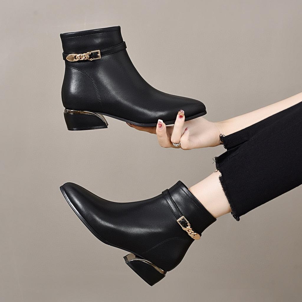 Pointed short boots women's autumn and winter metal buckle low-heeled cotton boots simple temperament fashion boots women's flat boots