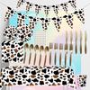 High-quality Party Tableware Set Black Brown Cow Print Paper Plates Cups And Utensils