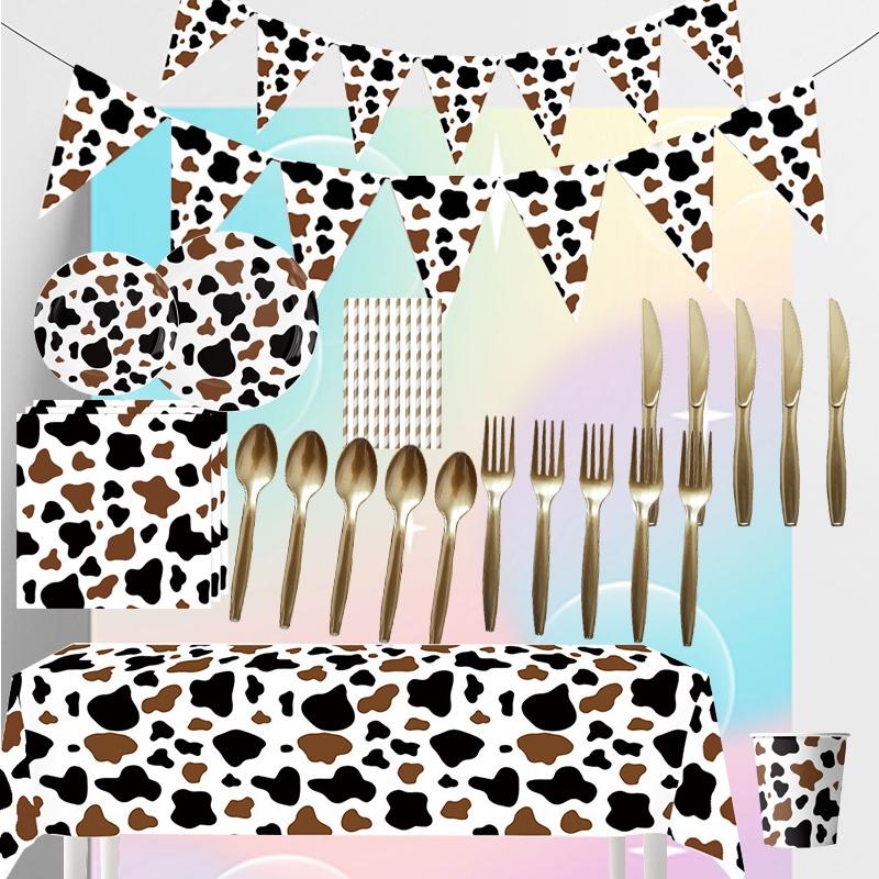 High-quality Party Tableware Set Black Brown Cow Print Paper Plates Cups And Utensils