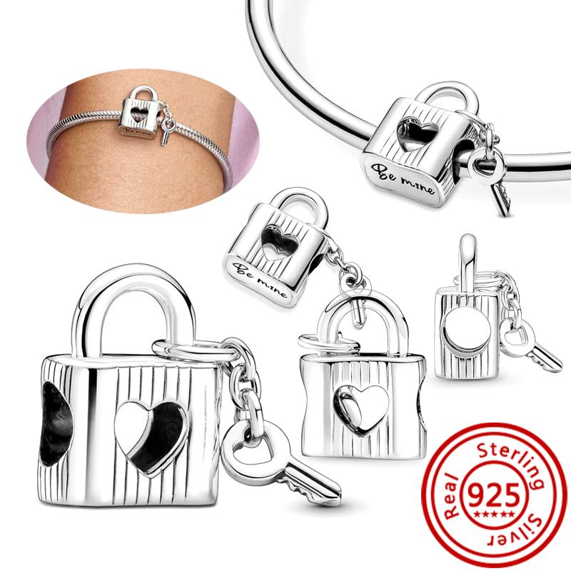 New 925 copper Love Lock Key Padlock Happiness Double Dangle Charm Heart DIY Beads Fit Original Pantaro Bracelet Fine Zircon