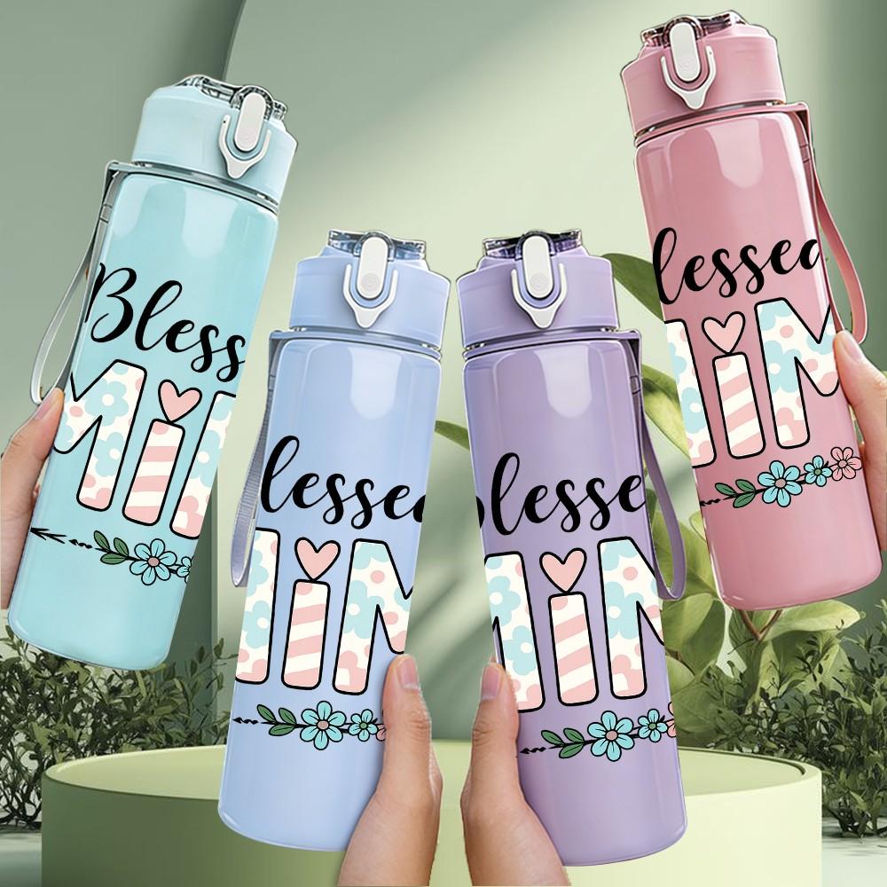 1PC Blessed Mimi Floral Color Letter 750ml Color Plastic Sports Water Bottle Leakproof Flip Straw Lid Suitable for Sports Office Home Use