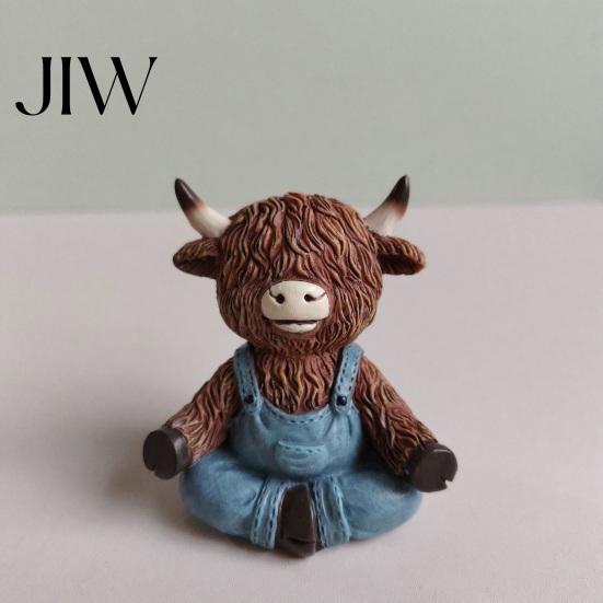 Pastoral Home Accents Yoga Highland Cow Resin Figurine, Farmhouse Style Overalls Statues, Waterproof Crafted Collectibles Garden Ornament for