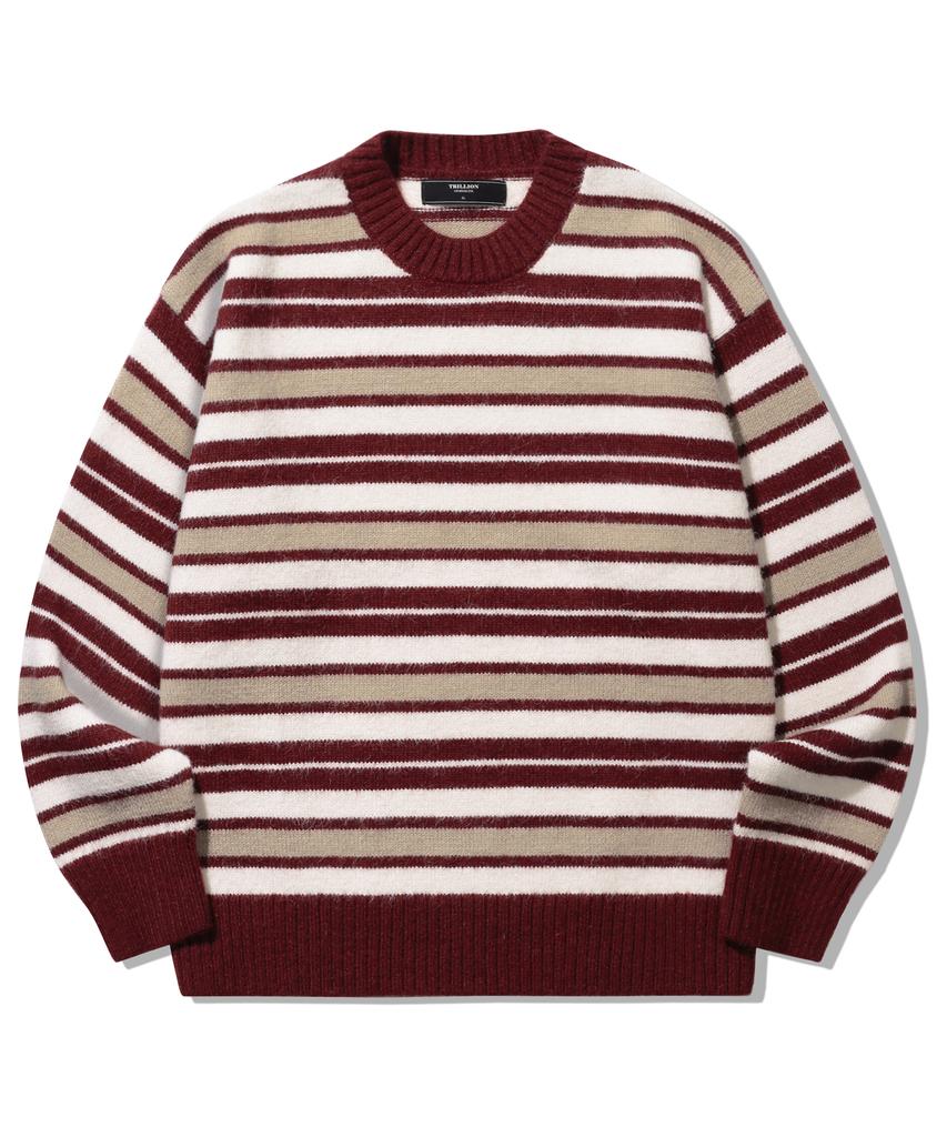 TRILLION Washable Hairy Stripe Crewneck Knit_Red