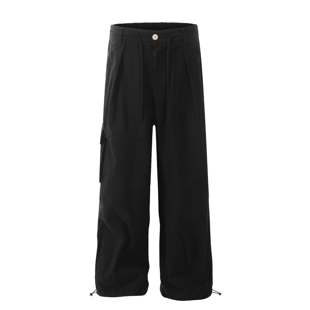 Men'S High Street Niche Personality Drawstring High Waisted Work Pants Trendy Brand American Pure Cotton Wide Leg Work Pants