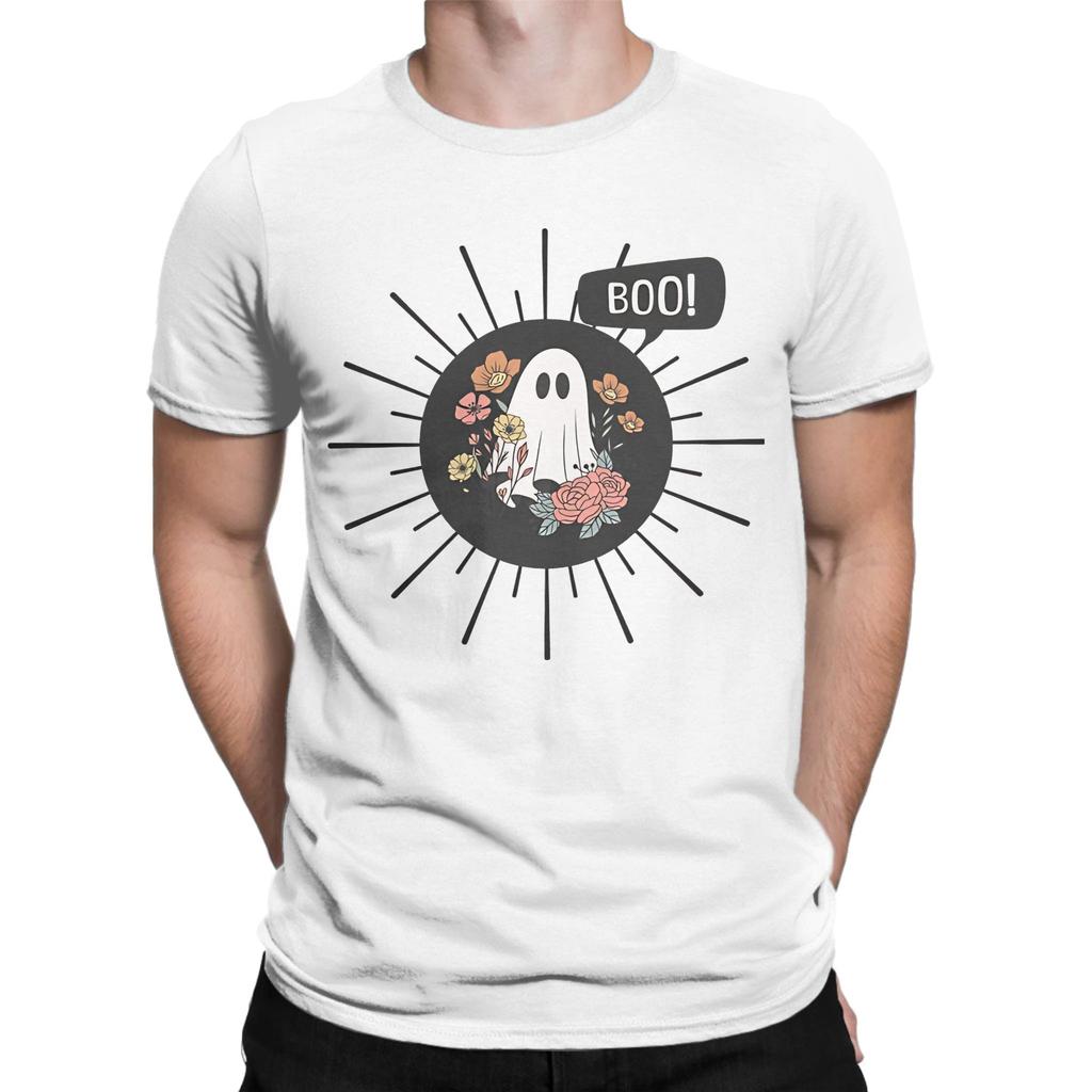 Black White Cute Funny Halloween Ghost With Flowers And Boo Novelty 100 Cotton Tshirt Halloween Tees Tops For Unisex