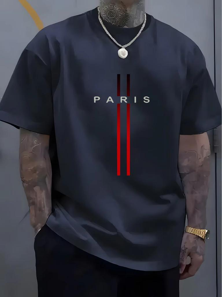 Summer Men's Cotton Casual Loose Large Size Paris Letter Pattern Printed Round Neck Short Sleeve Popular Holiday T-shirt