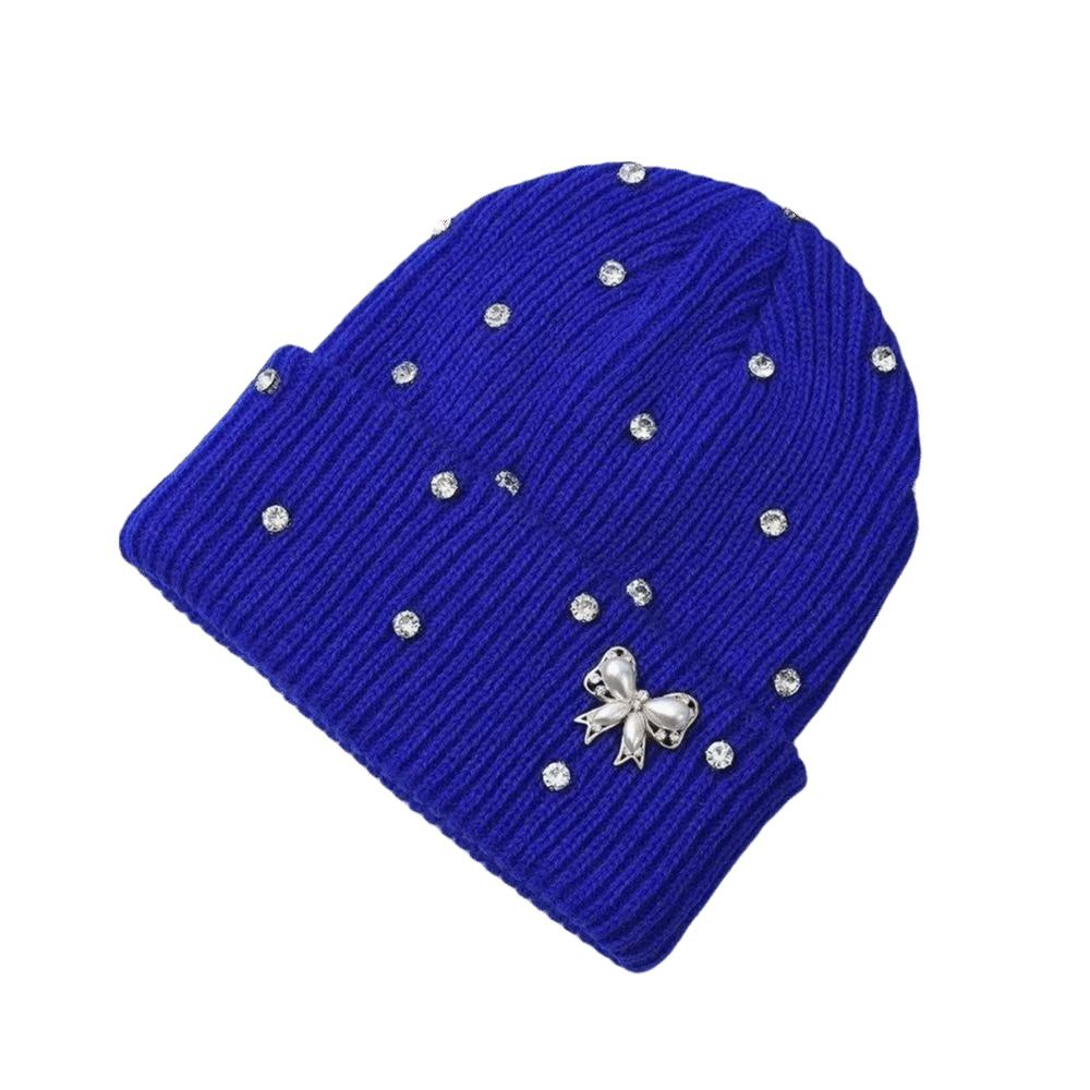 Solid Color Crystal Pearl Bow Beanie Warm Pullover Hat Fashion Knit Hat Outdoor