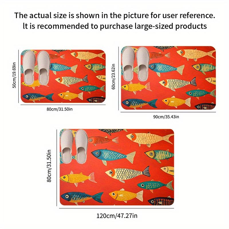 1pc Vibrant Fish Pattern Door Mat - Non-Slip, Absorbent, Machine Washable Polyester Area Mat with Colorful Fish Design On Red Ba