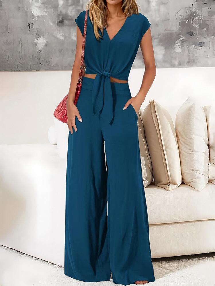 Spot 1116 Summer European and American Women's Clothing V-neck Lace-up Open-button Top High-waisted Wide-leg Pants Two-piece Set