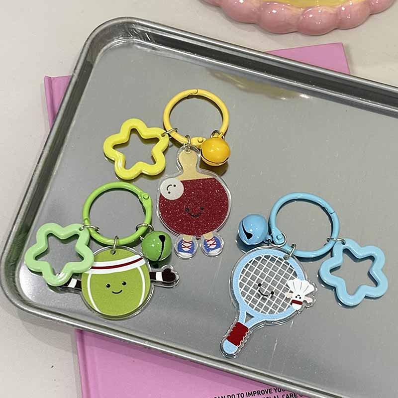 Cute Cartoon Ball Bell Star Keychain Pendant Badminton Table Tennis Football Rugby Bag Hanging Ornaments Keyring Decoration Gift