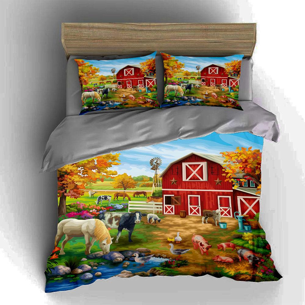 Farmyard Scene Illustration. Bedding Duvet Cover Sets Duvet Covers Pillowcases Gifts (1 * Duvet Cover 2 * Pillowcases, Without Duvet Insert)