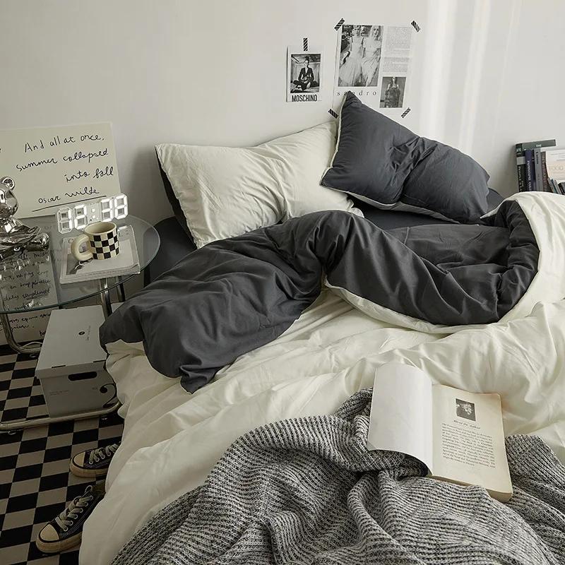 Fashion Solid Color Bed Sheet Style Duvet Cover Set Ab Double-Sided Color Matching Comfortable Sets Washed Cotton Bedding