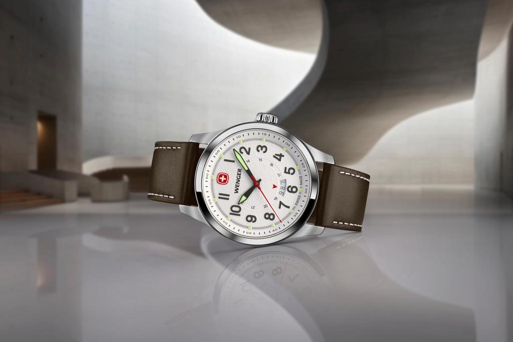 WENGER TERRAGRAPH Watch Stainless Steel Case White Dial Brown Leather Strap Quartz 100m Water Resistant Analog Men's (316L) [] 01.0541.120