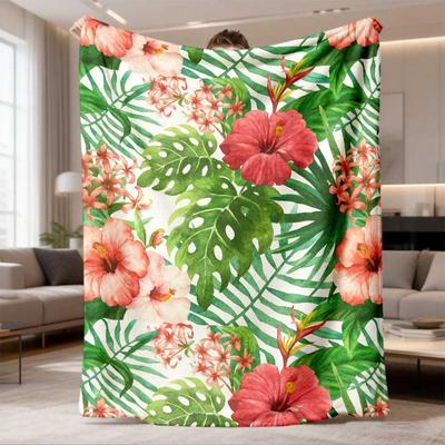 2026 Latest Flannel Blanket Soft Flannel Blanket Tropical Floral Hibiscus & Palm Leaves Print In Pink, Green, White AllSeason Couch, Bed, Travel, Camp
