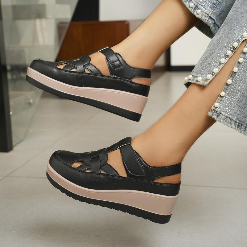 Women's Summer Hollow Wedge Thick-Soled Closed-Toe Roman Sandals, Retro Style, Available In Large Sizes.