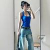 Sexy Blue Halter Neck Summer Beach Tshirt Sleeveless Slim Fit Sweet Spicy Top for Women