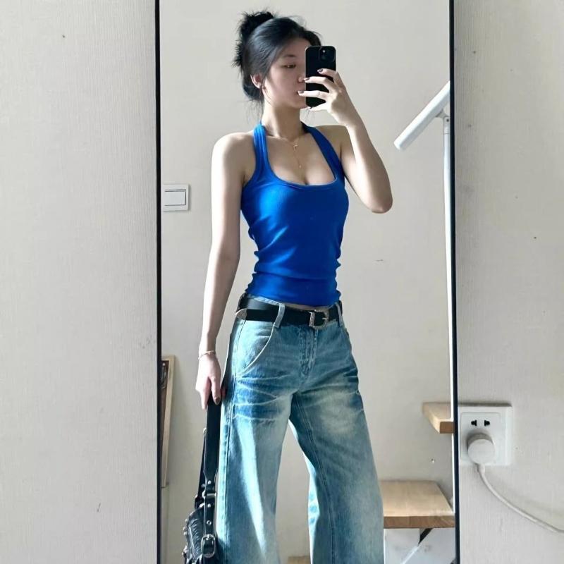 Sexy Blue Halter Neck Summer Beach Tshirt Sleeveless Slim Fit Sweet Spicy Top for Women