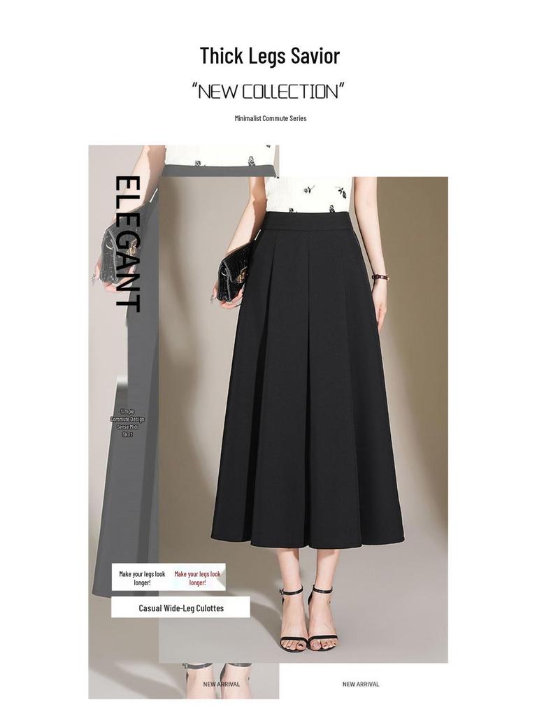 2026 Women's High-Waisted Ice Silk Wide-Leg Skort Pants - Casual Loose Nine-Point Skirt Pants