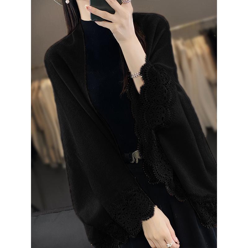 Women Knitted Cardigan Lace Batwing Sleeve Cape Shawl Solid Color Loose Mid-Length Open Front Coat
