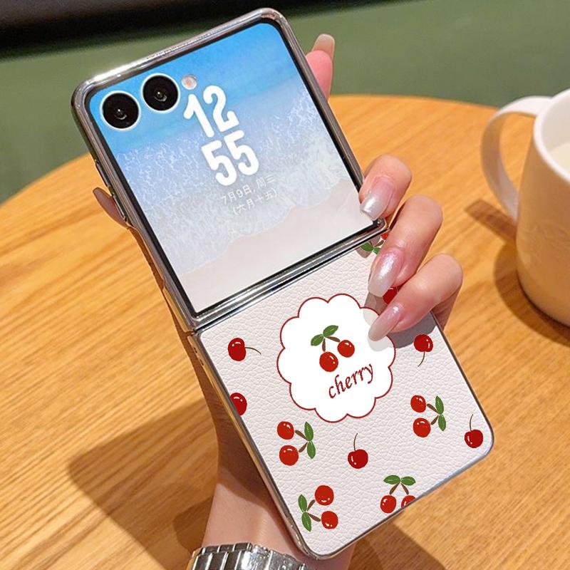 Чехол из ПУ кожи с рисунком Красной Вишни для Samsung Galaxy Z Flip7 FE Flip6 Flip 7 6 5 5G Серебристая Рамка Жесткая Задняя Крышка Galaxy Z Flip7