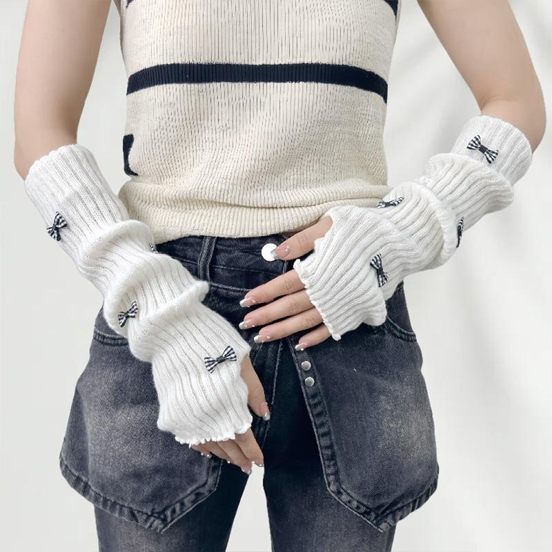 Sweet Cute Fur Bowknot Fingerless Gloves Girl Cosplay Sleeves Arm Sleeves Wool Knitted Sleeves