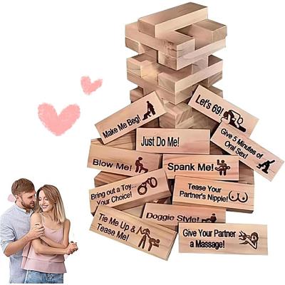 48Pcs Block Tower Game, Couples Games, Fun Stacking Blocks for Couple,Spanish French German Italian Valentine Stacking Wooden Block Game for Adult