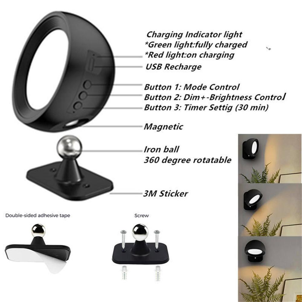 Magnetic 360° Rotation Light 3000mAh Rechargeable Cordless LED Wall Mounted Sconces Lamp for Bedroom Indoor Home