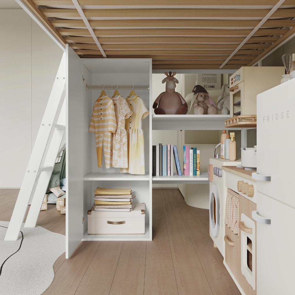 Loft Bed, With Children's Slide, Wardrobe and Storage Cabinet Under the Bed, Four-Sided Fence Pine + MDF + Plywood, White+Natural, 90x200cm