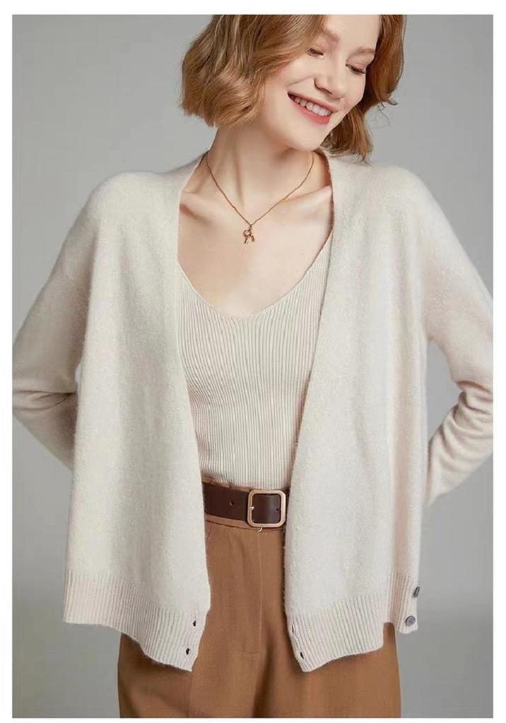 Women's 100% Pure Wool V-neck Cardigan with Side Buckle - Autumn/Winter Long-Sleeve Knit Top