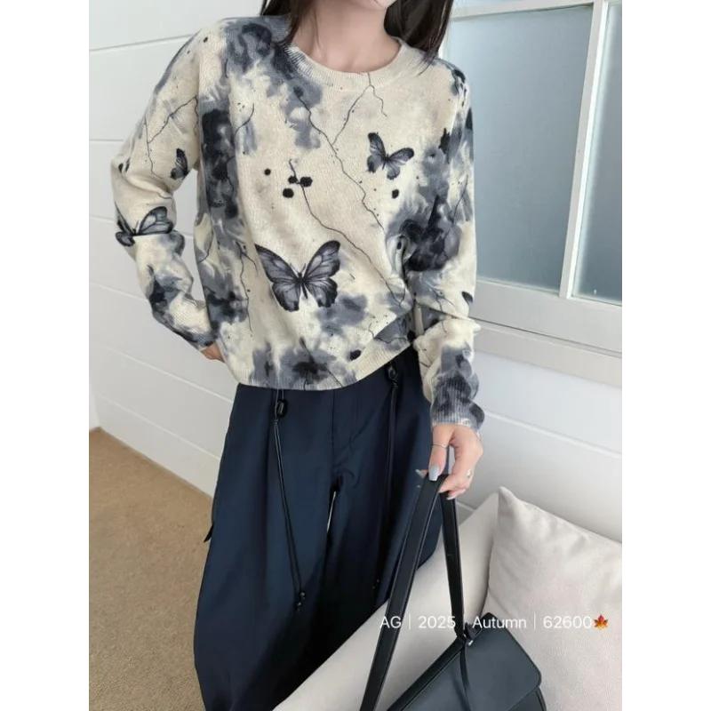 

Sweater Women Round Neck Pullover Fashion Autumn New Trend Ink Smued National Style Fine Wool Long-sleeved OneSize бежевый