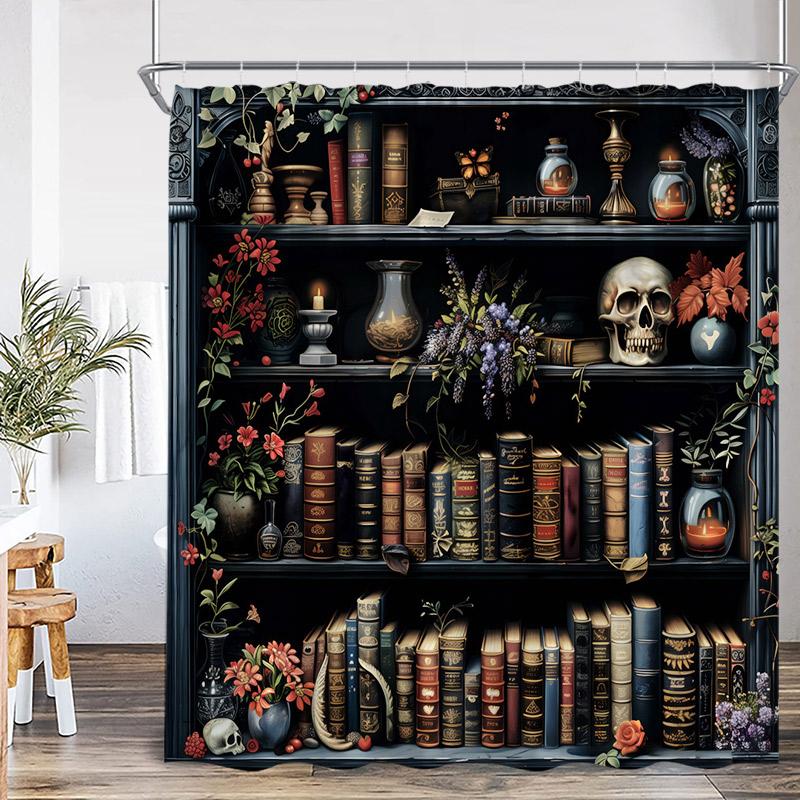 Vintage Bookshelf Shower Curtains Green Vine Leaves Floral Skull Retro Books Modern Polyester Fabric Home Bathroom Curtain Decor