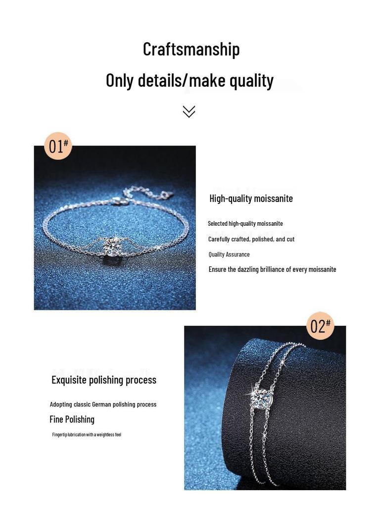 Women's Double-Layer Light Luxury Moissanite Bracelet In S925 Sterling Silver, Featuring a Four-Prong 1-Carat Moissanite Stone.