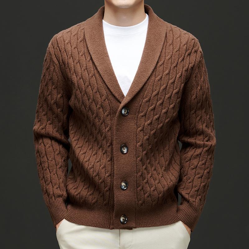 Men's Solid-Color Casual Thick Wool Knit Cardigan for Fall and Winter