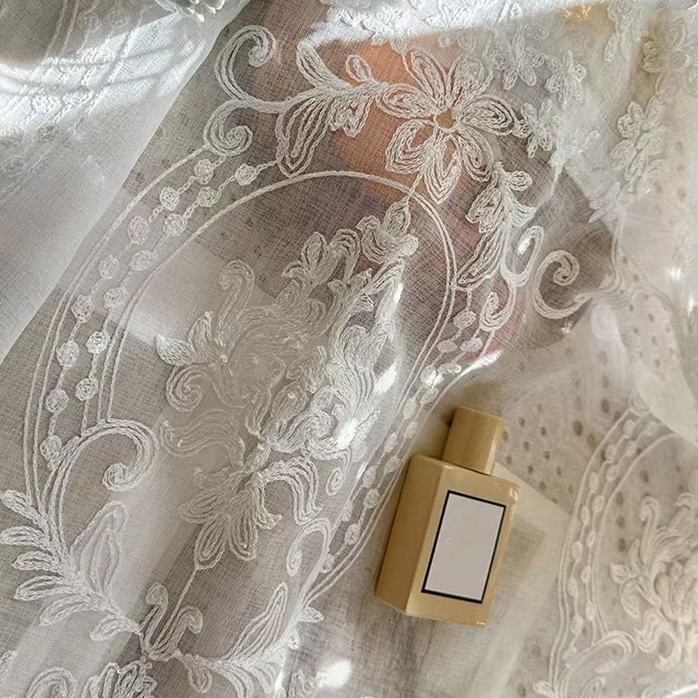 Wavy Edge Beaded Half Yarn Drapes Double Pearls Lace Bottom Floral Short Tulle Drapery  Door