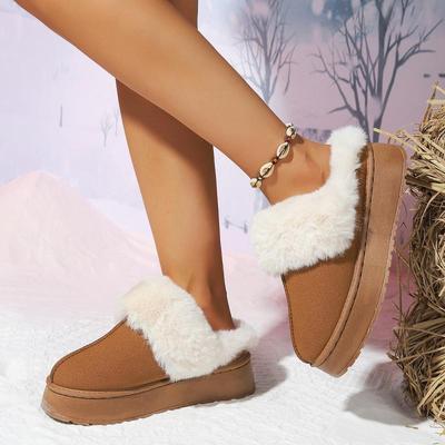 Lässige Kunstpelz-Dekoration Slip-On Schneestiefel Damen 2025 Winter Dicke Sohle Mittelhoher Absatz Knöchelhohe Schneestiefel Warme Kurze Plüschschuhe