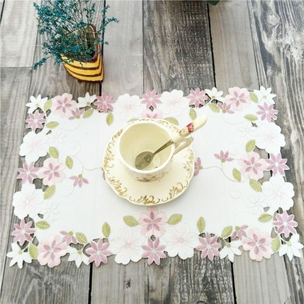 Round Rectangular Lace Satin Fabric Flower Pattern Placemat Doily Cup Pad Coaster