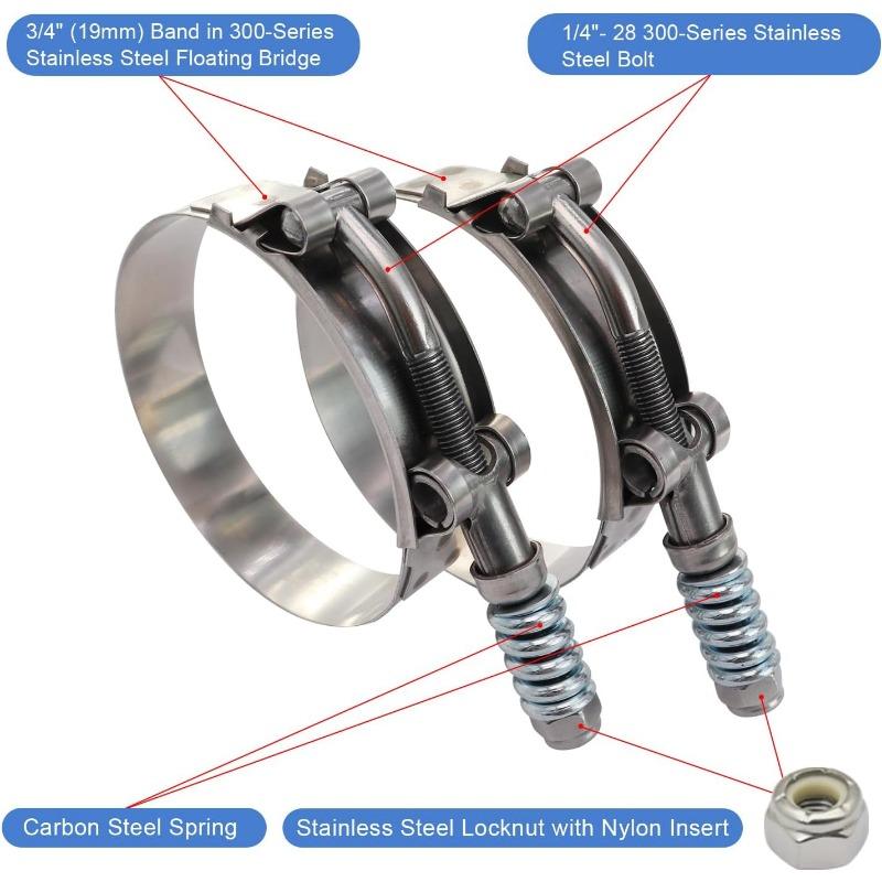 2PCS 2.5-inch Heavy-duty T-bolt Stainless Steel Spring Clamp Automatically Adjusts To Maintain Constant Tension (68mm To 76mm)