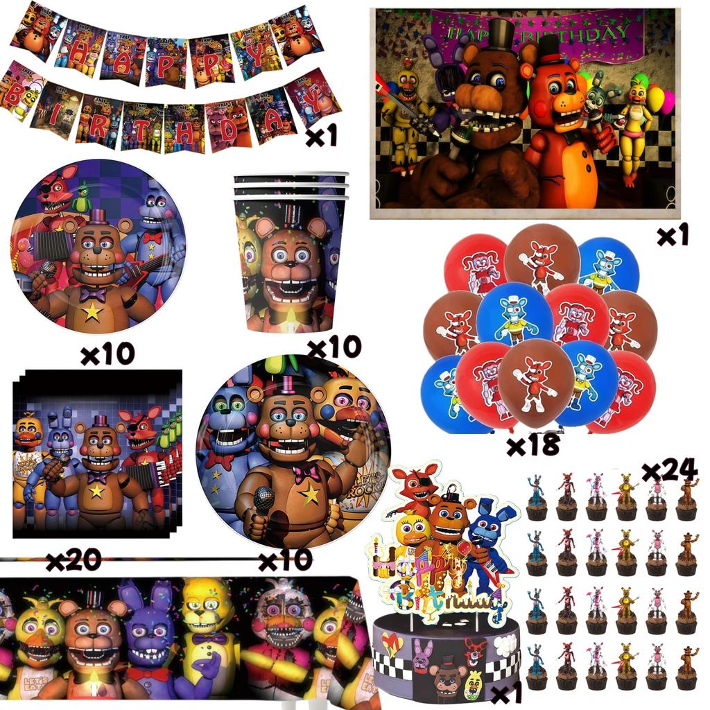Five Nights Bär Geburtstagsdekorationen Freddyed Geschirr Teller Tasse Banner Kuchenaufsatz FNAF Luftballon Kinder Babyparty Zubehör